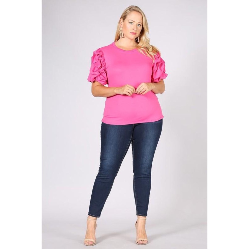 Plus Size Hot Pink Puff Sleeve Scoop Neck Blouse